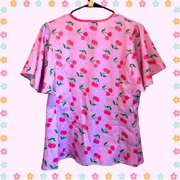 Unique Vintage Hot Pink Cherry Tie Neck Blouse 50s 60s Inspired Pinup Kawaii - Picture 2 of 7